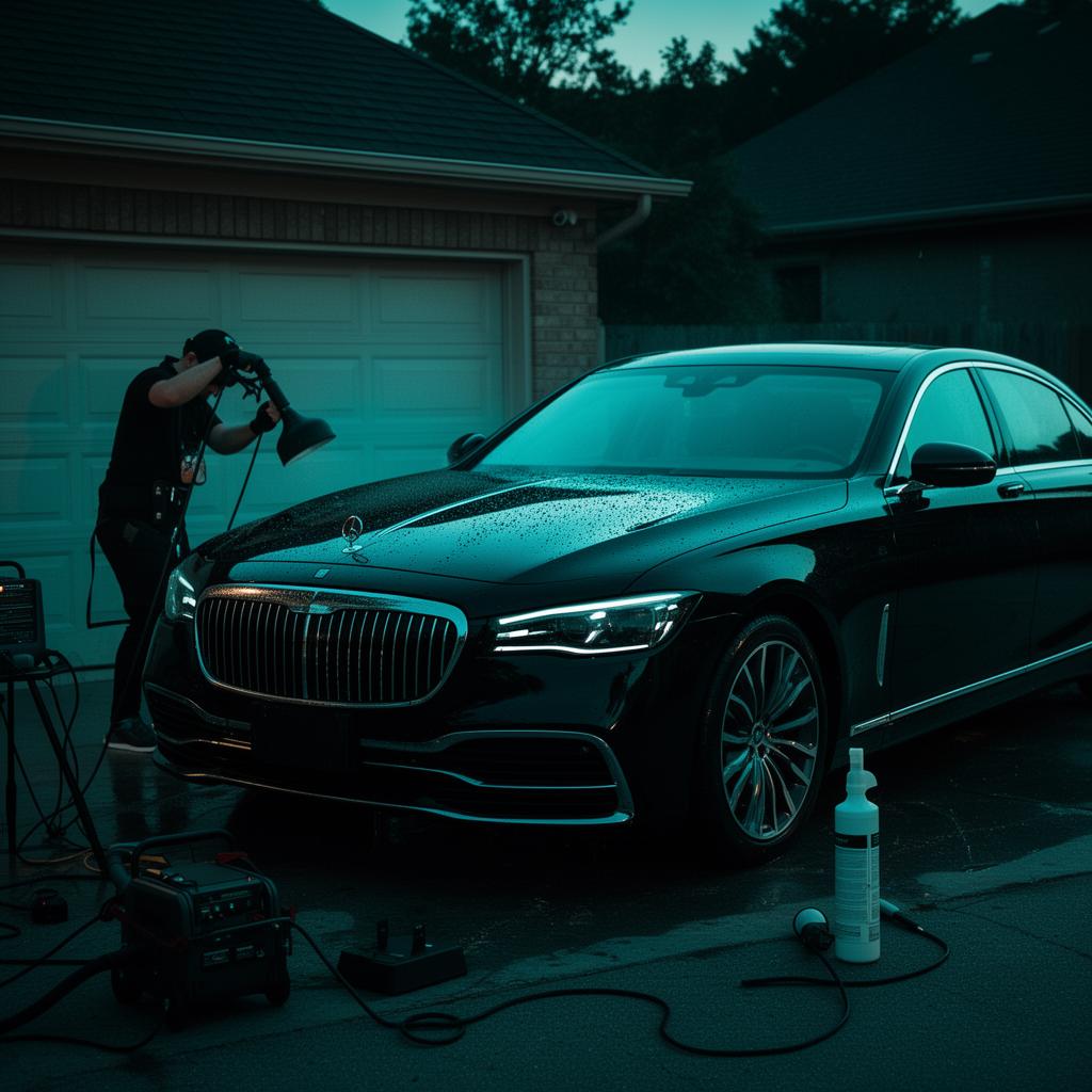 Detailer working on a glossy black car